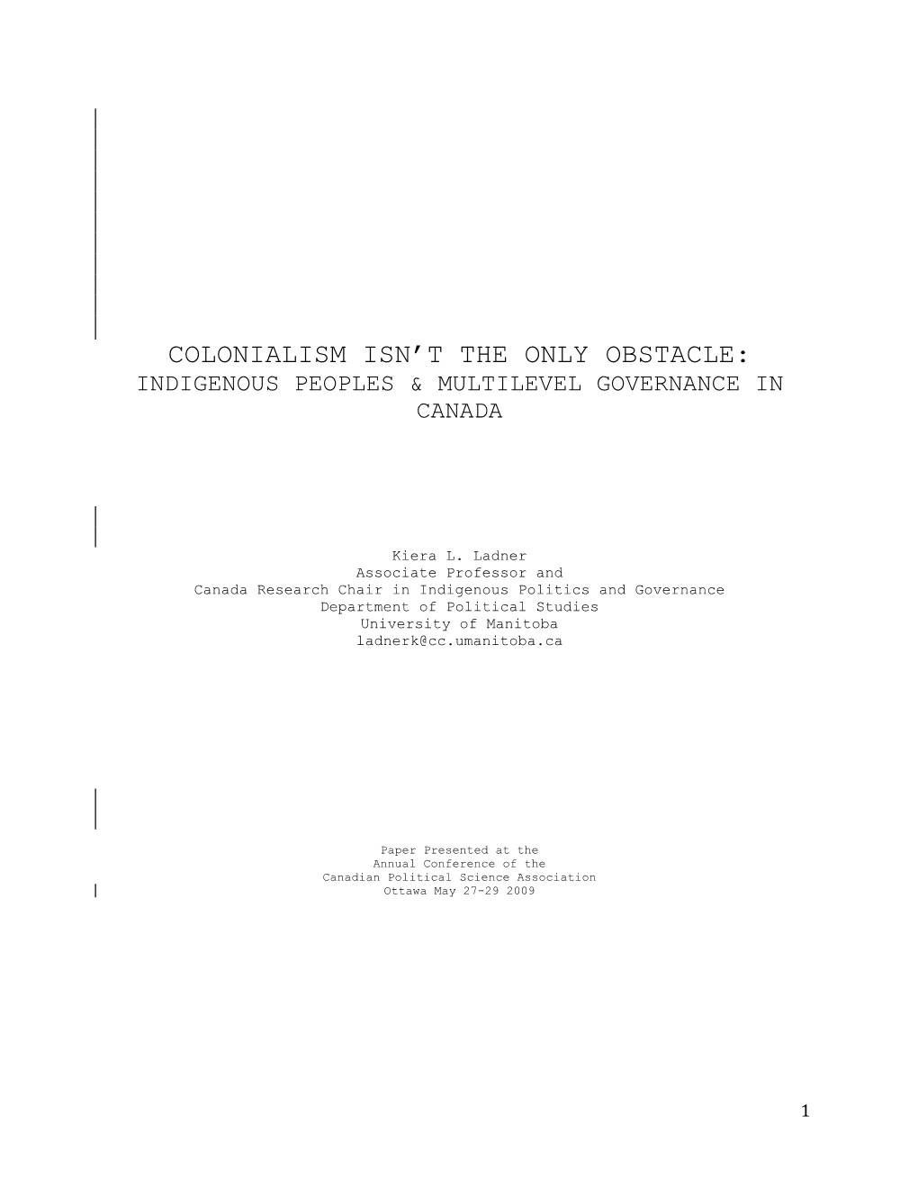 Indigenous Peoples & Multilevel Governance in Canada