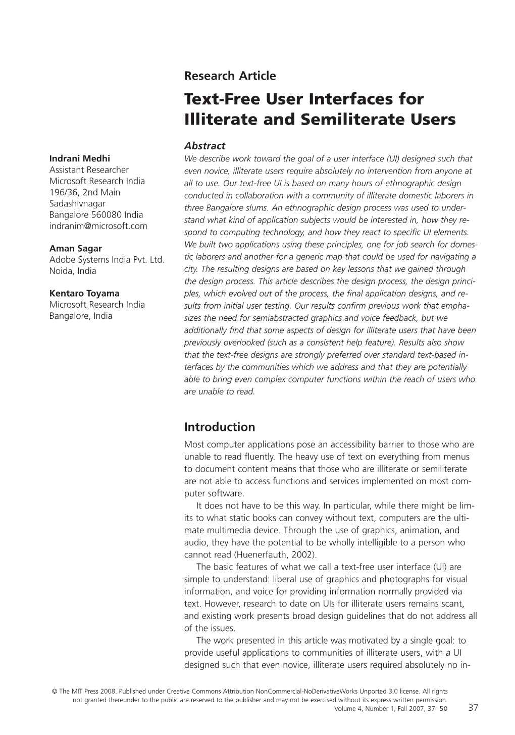 Text-Free User Interfaces for Illiterate and Semiliterate Users MEDHI, SAGAR, TOYAMA
