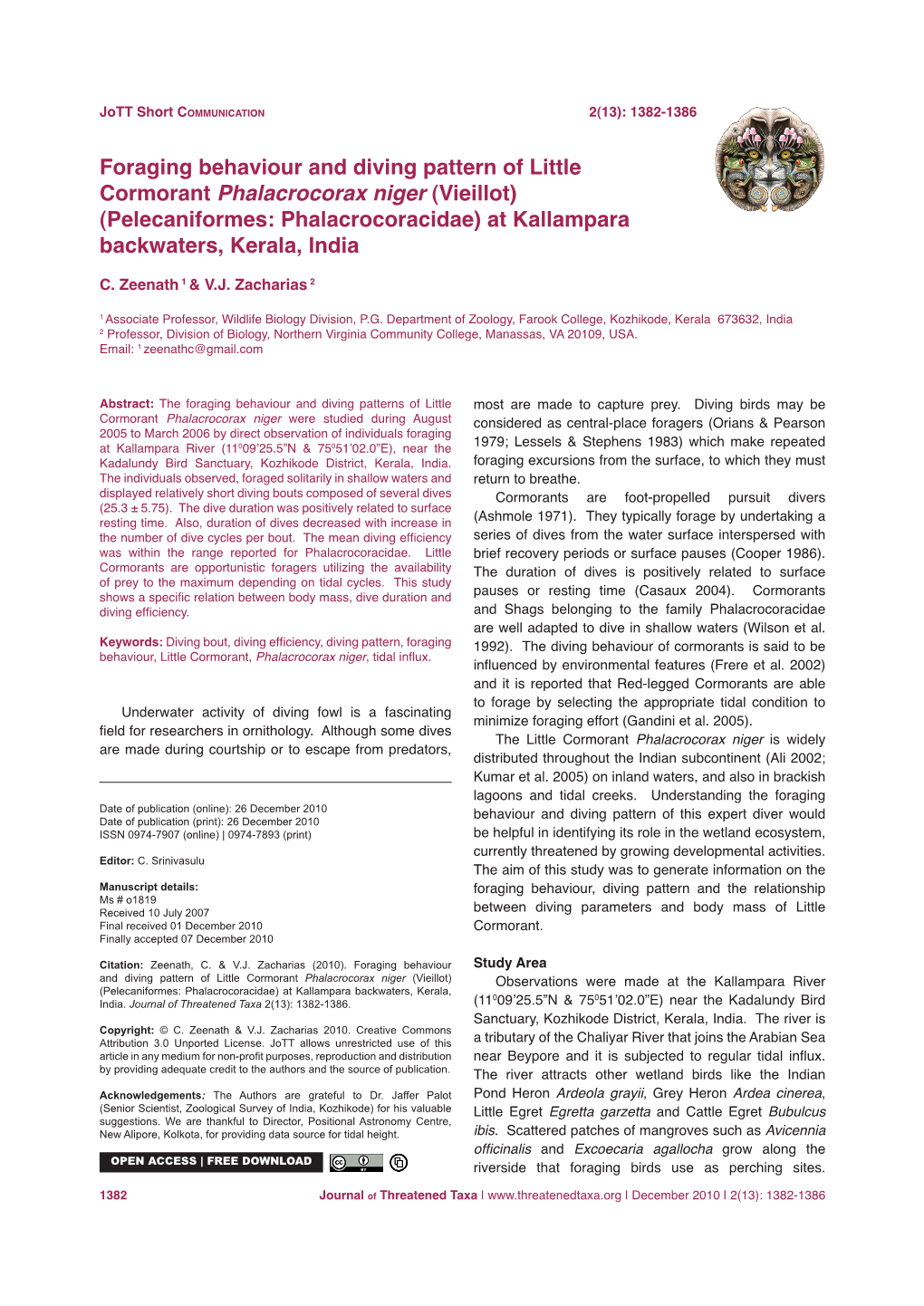 Foraging Behaviour and Diving Pattern of Little Cormorant Phalacrocorax Niger (Vieillot) (Pelecaniformes: Phalacrocoracidae) at Kallampara Backwaters, Kerala, India