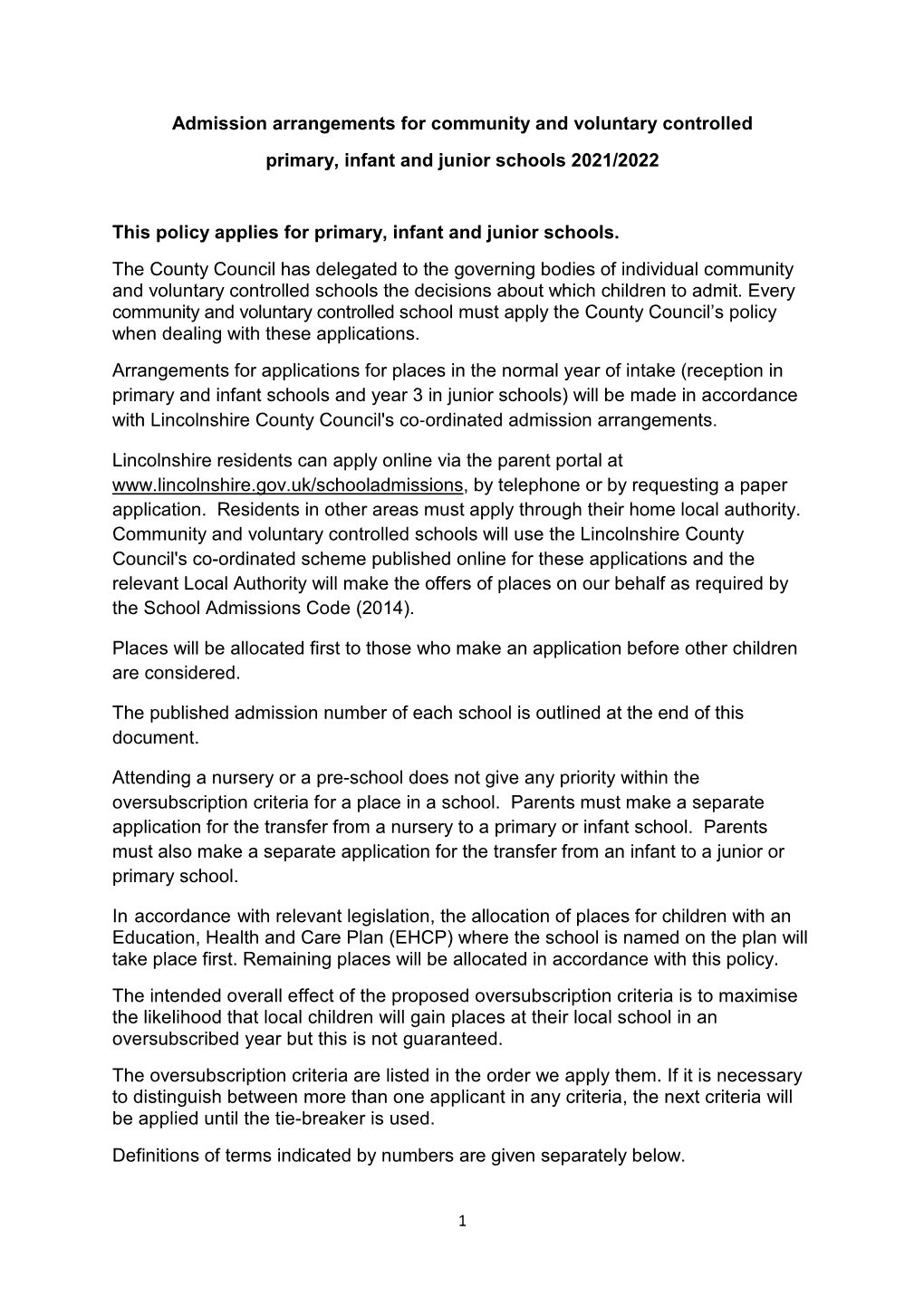 Primary School Admissions Policy 2021-2022