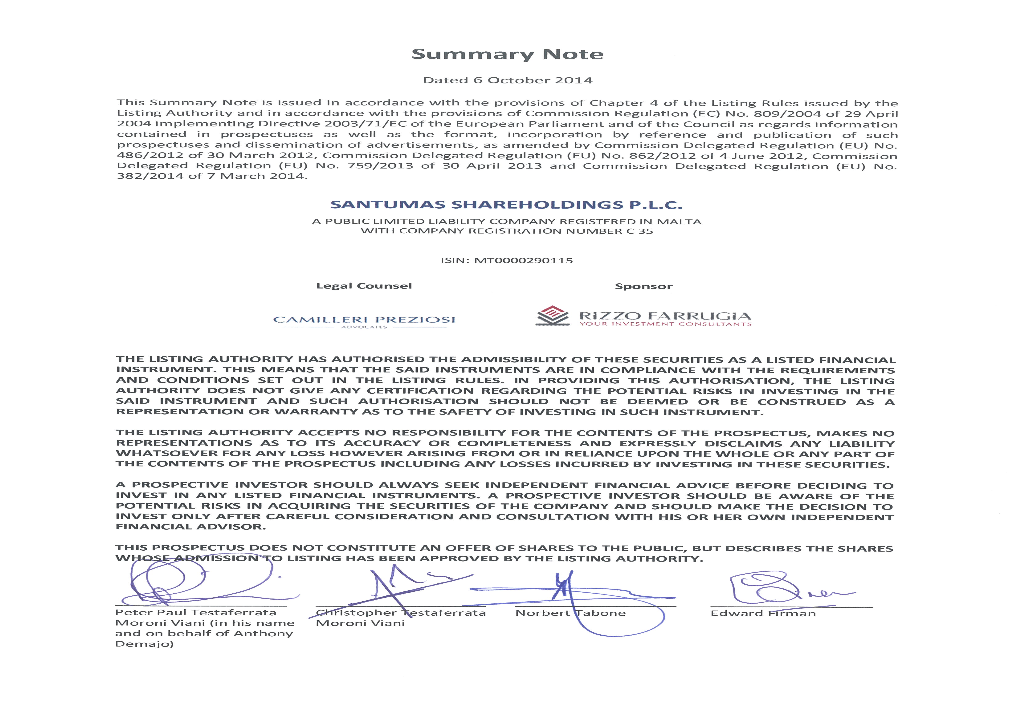 Prospectus and Contains Information on Santumas Shareholdings P.L.C