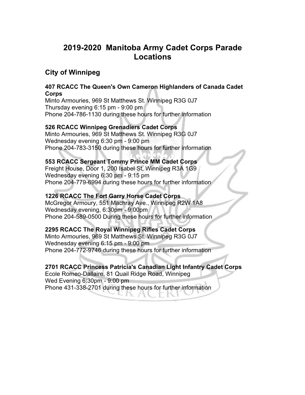 List of Manitoba Army Cadet Corps