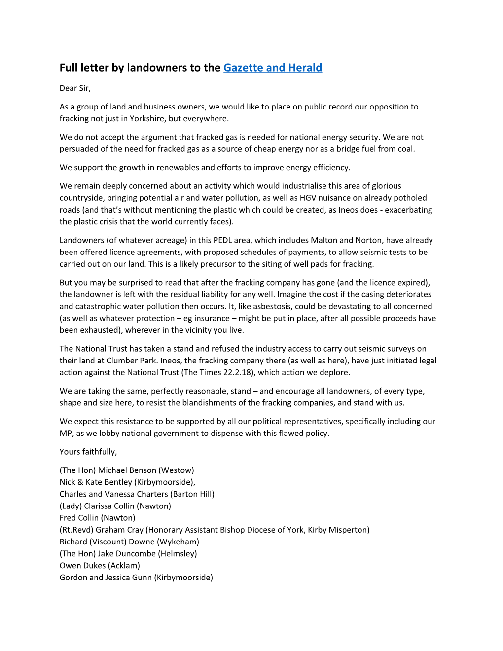 Full Letter by Landowners to the Gazette and Herald