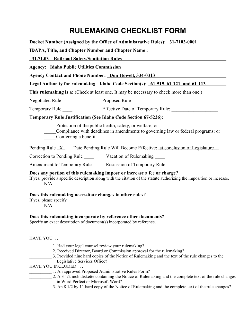 Rulemaking Checklist Form