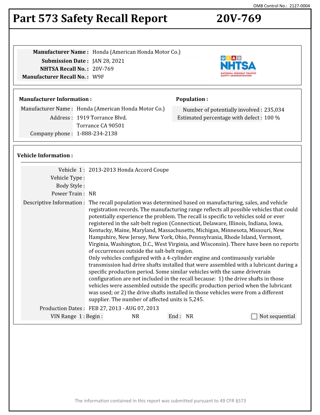 Part 573 Safety Recall Report 20V-769