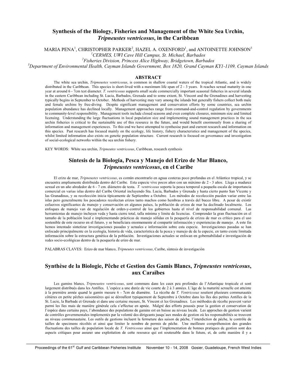 Synthesis of the Biology, Fisheries and Management of the White Sea Urchin, Tripneustes Ventricosus, in the Caribbean