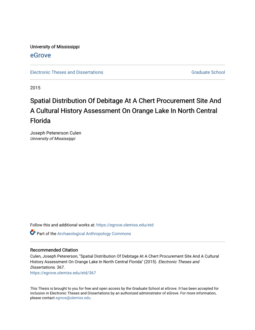 Spatial Distribution of Debitage at a Chert Procurement Site and a Cultural History Assessment on Orange Lake in North Central Florida