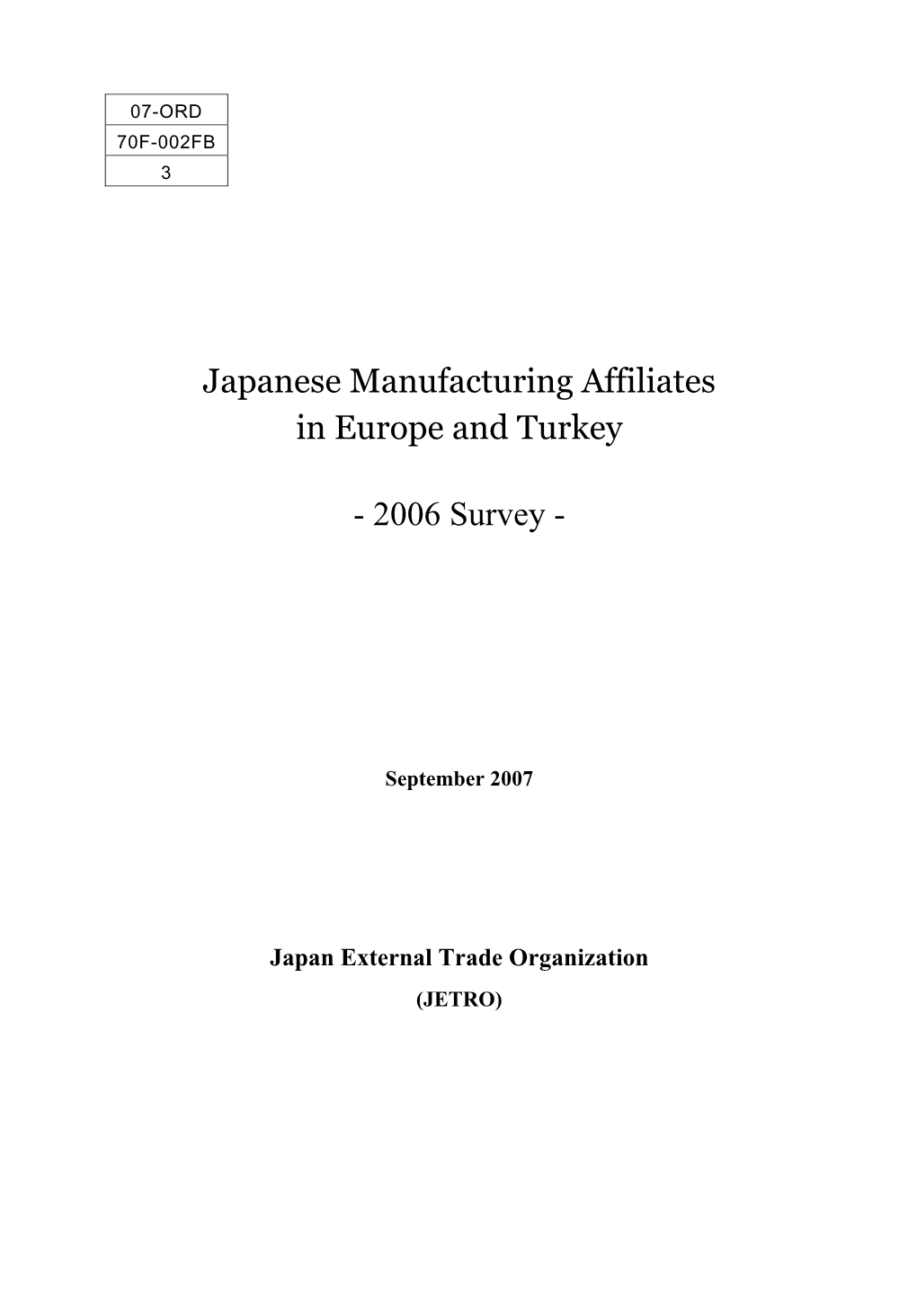 Japanese Manufacturing Affiliates in Europe and Turkey