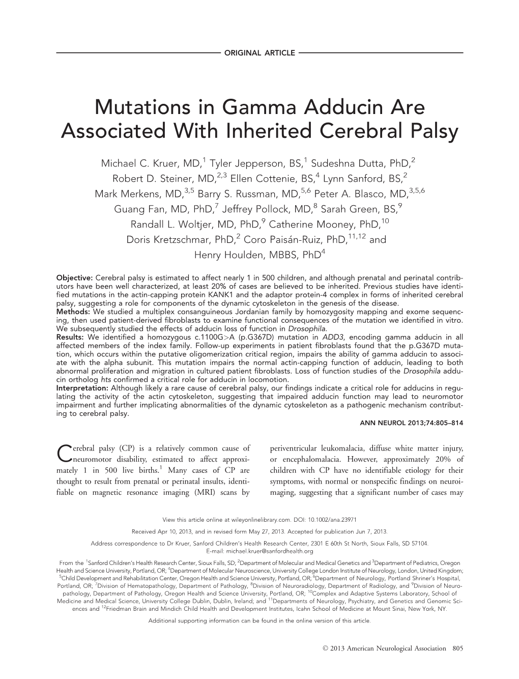 Mutations in Gamma Adducin Are Associated with Inherited Cerebral Palsy