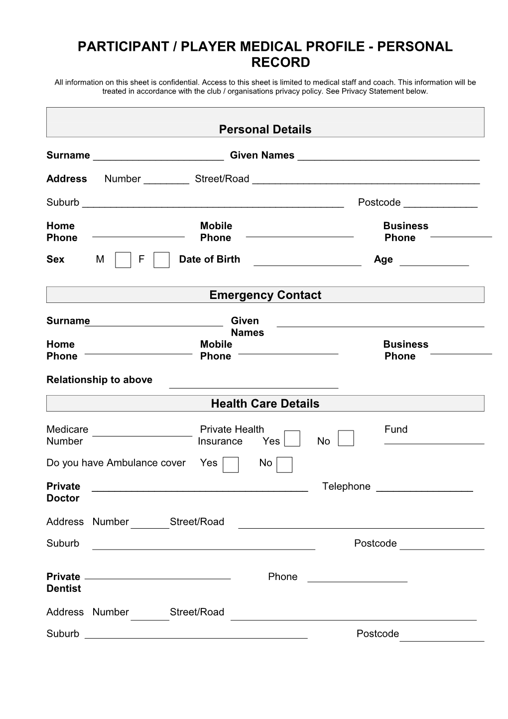 Participant/Player Medical Profile Personal Record