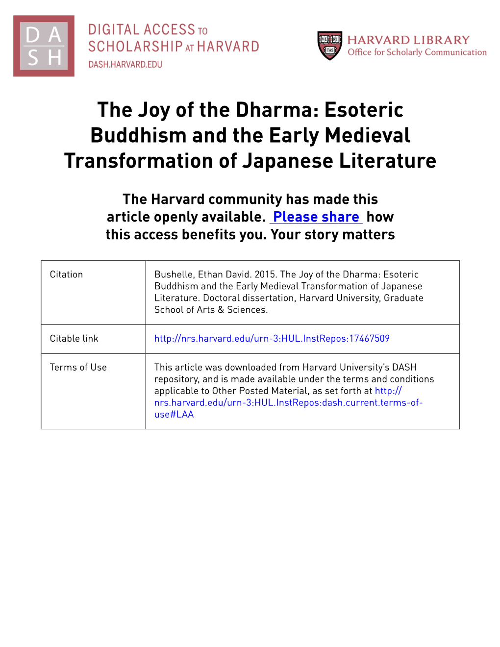 The Joy of the Dharma: Esoteric Buddhism and the Early Medieval Transformation of Japanese Literature