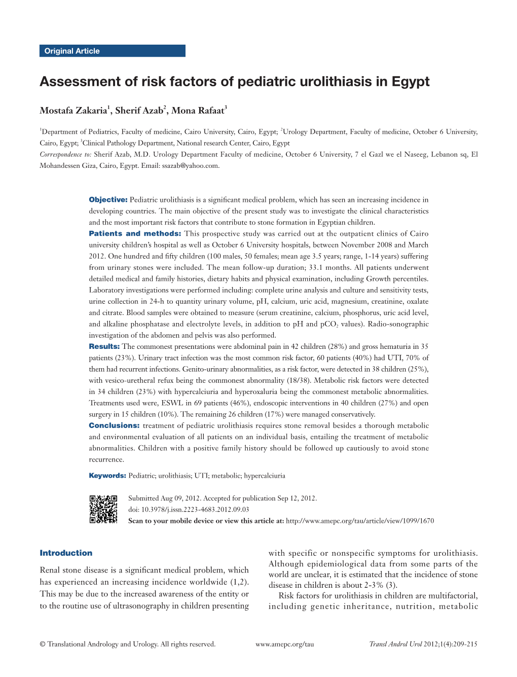 Assessment of Risk Factors of Pediatric Urolithiasis in Egypt