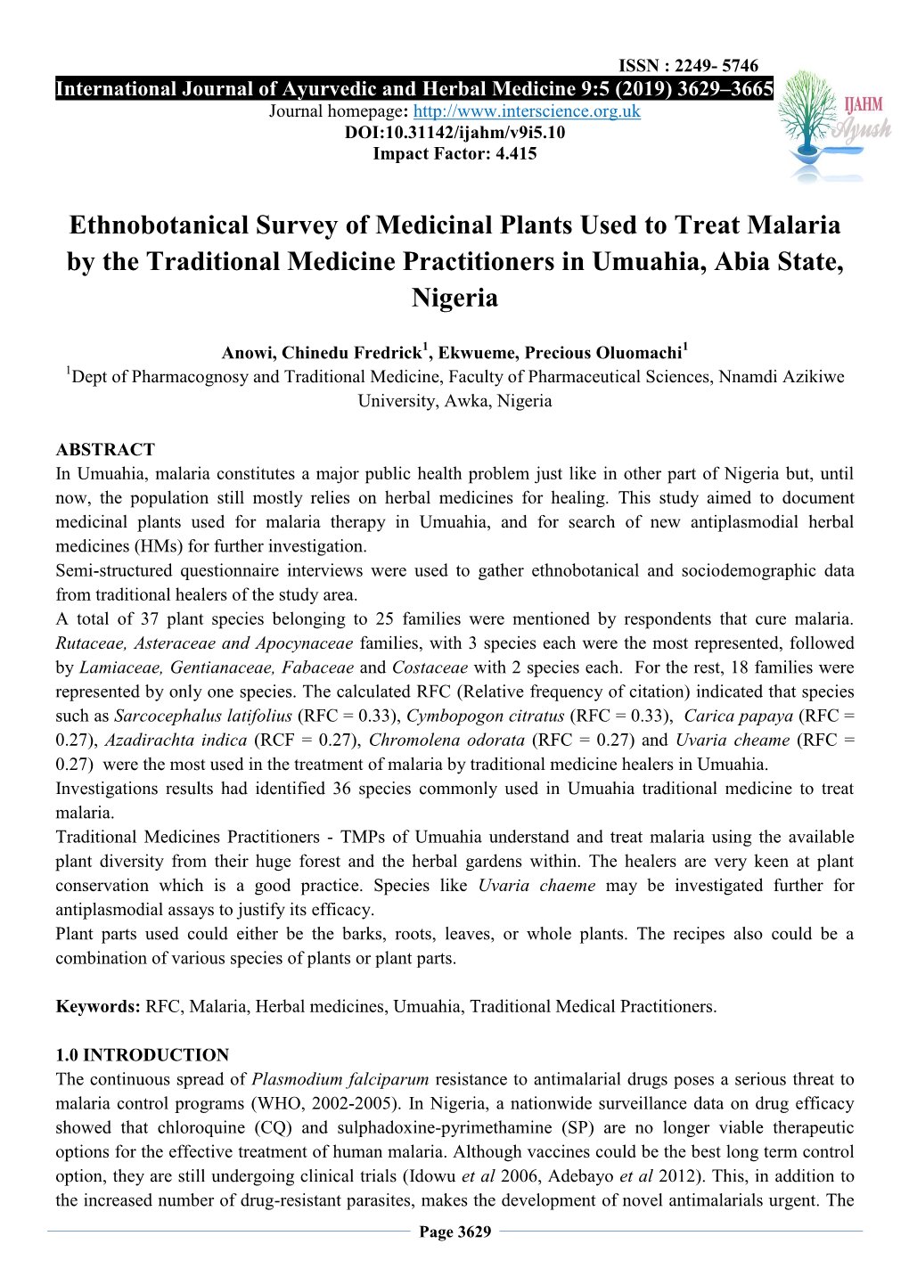 Ethnobotanical Survey of Medicinal Plants Used to Treat Malaria by the Traditional Medicine Practitioners in Umuahia, Abia State, Nigeria