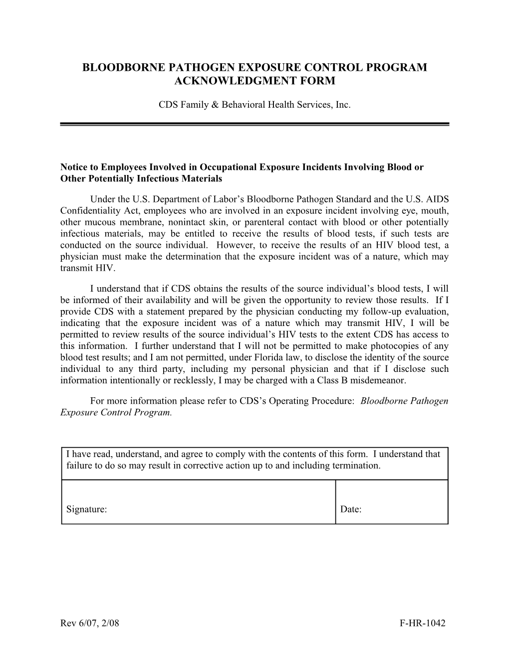 Bloodborne Pathogen Exposure Control Program Acknowledgment Form