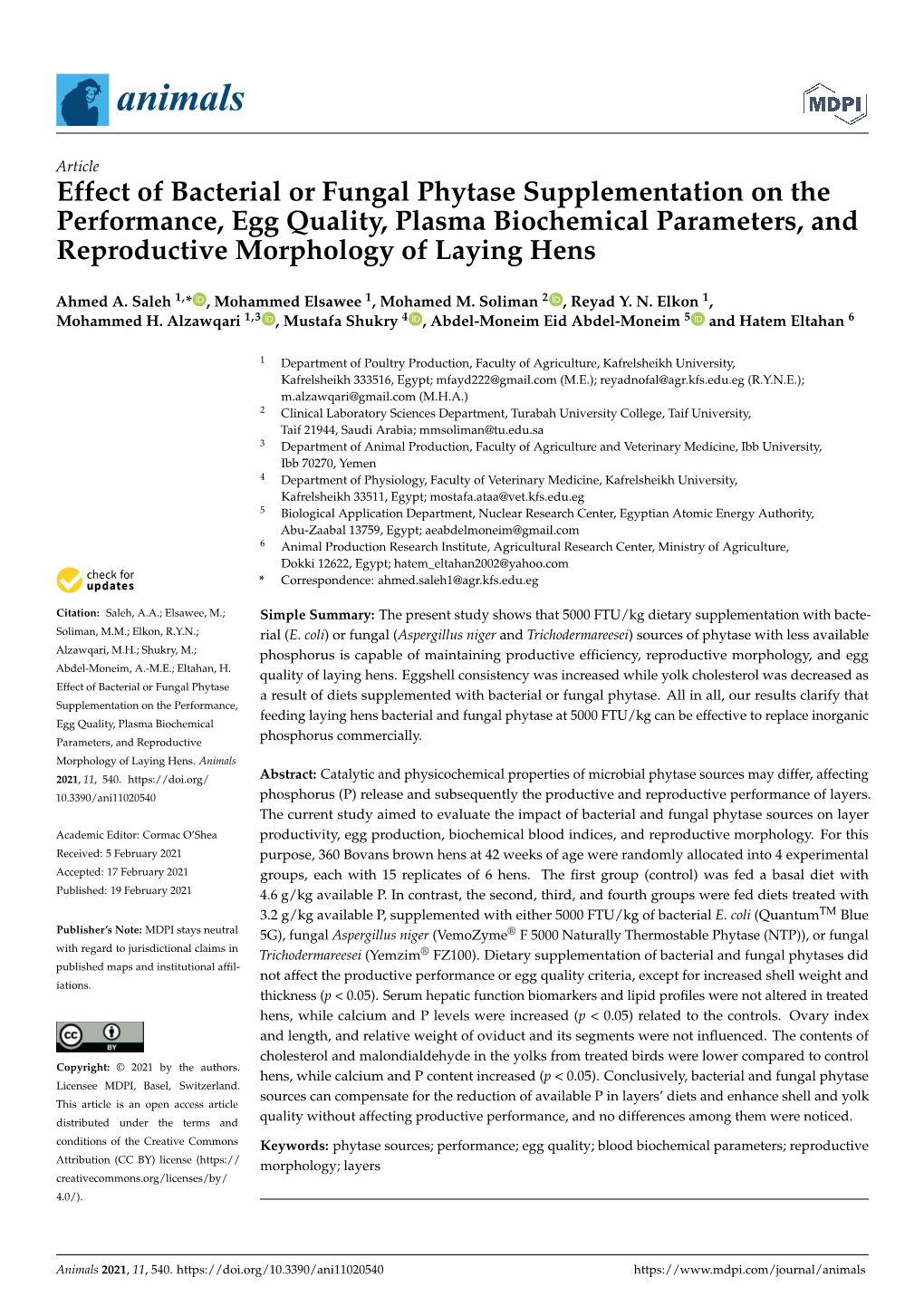 Effect of Bacterial Or Fungal Phytase Supplementation on the Performance, Egg Quality, Plasma Biochemical Parameters, and Reproductive Morphology of Laying Hens