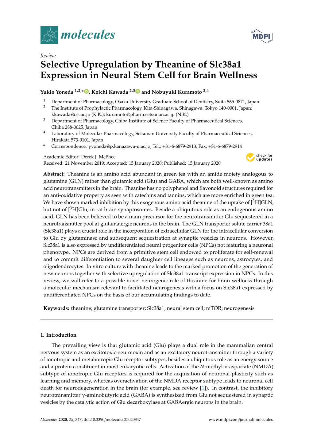 Selective Upregulation by Theanine of Slc38a1 Expression in Neural Stem Cell for Brain Wellness