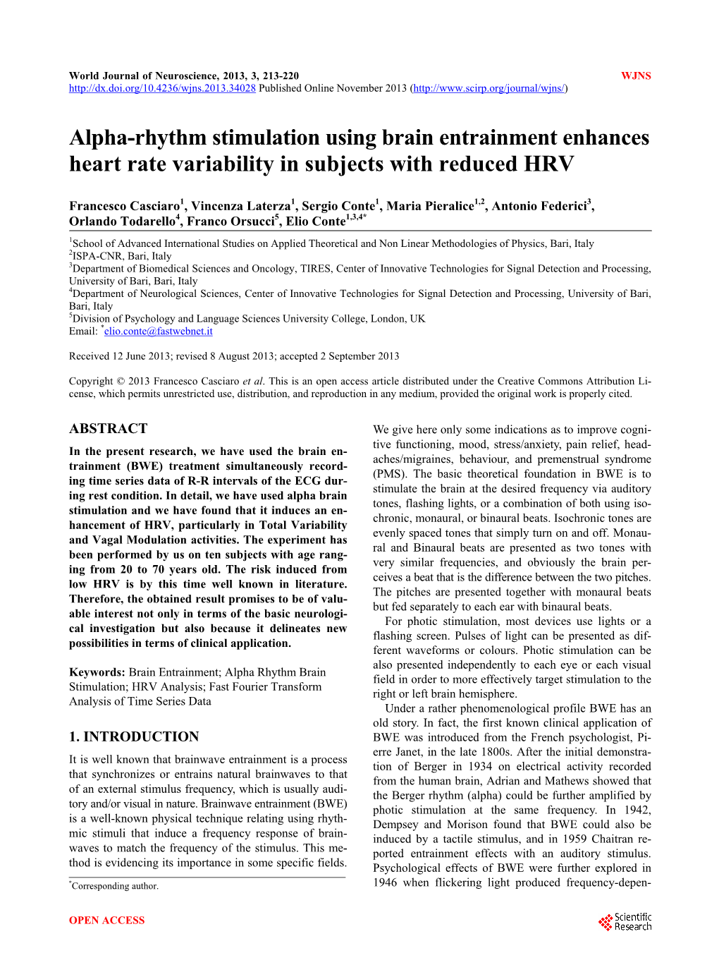 Alpha-Rhythm Stimulation Using Brain Entrainment Enhances Heart Rate Variability in Subjects with Reduced HRV