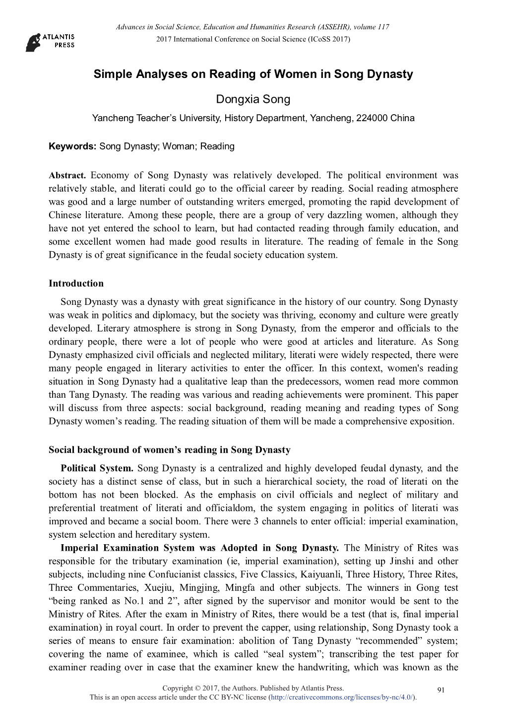 Simple Analyses on Reading of Women in Song Dynasty Dongxia