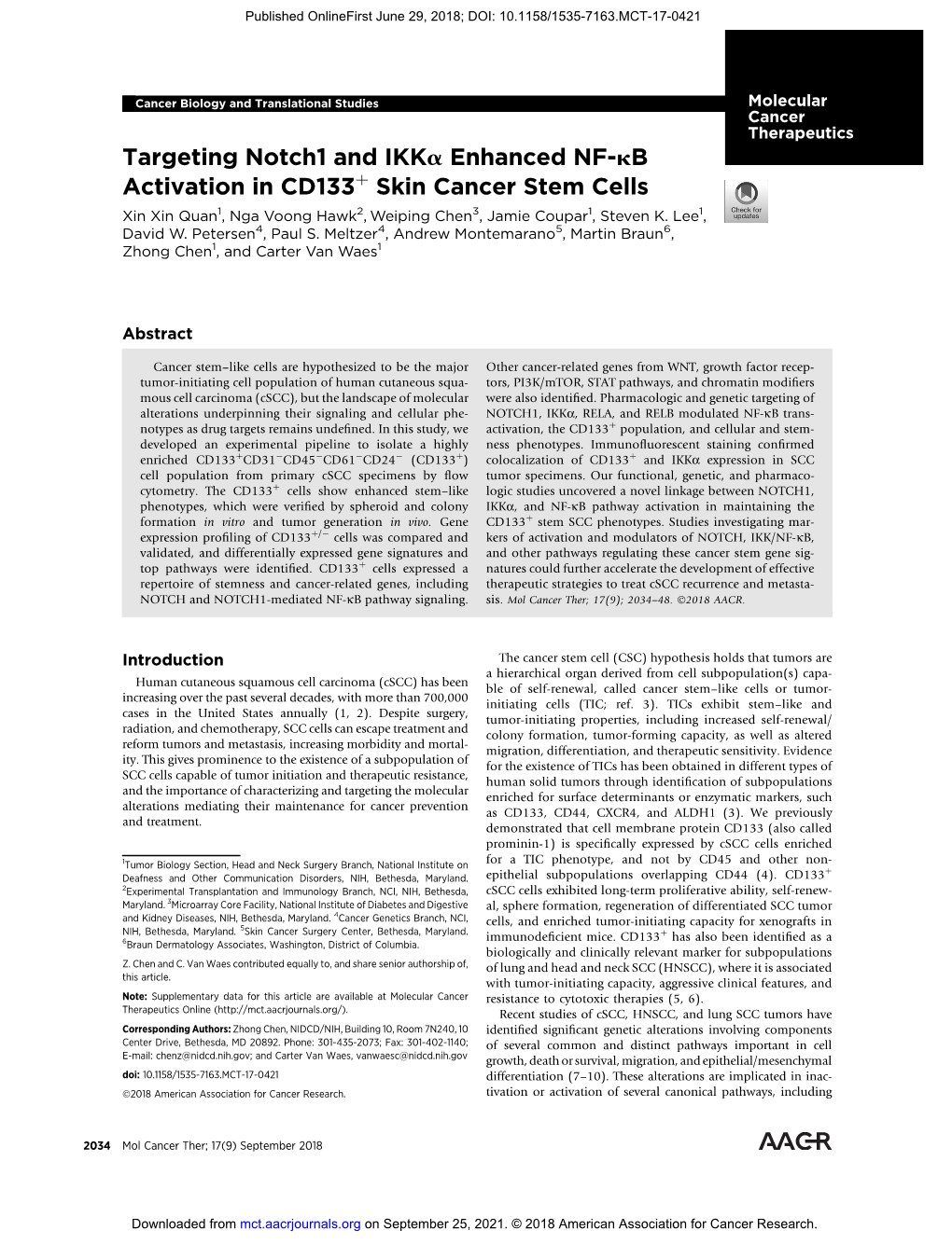 Targeting Notch1 and Ikka Enhanced NF-Kb Activation in CD133 Skin