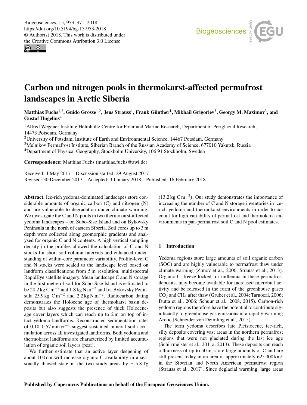 Carbon and Nitrogen Pools in Thermokarst-Affected Permafrost Landscapes in Arctic Siberia