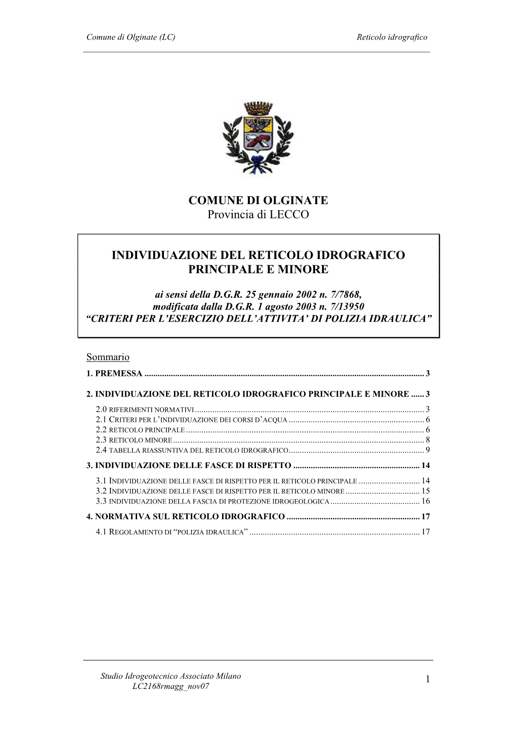 Comune Di Olginate (LC) Reticolo Idrografico