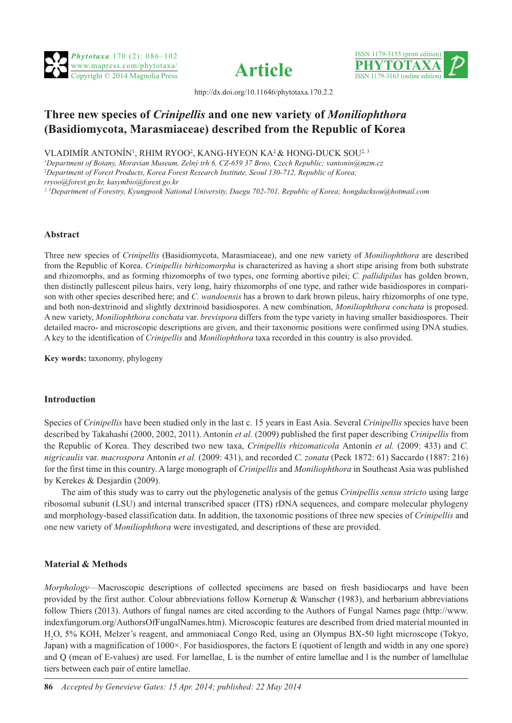 Three New Species of Crinipellis and One New Variety of Moniliophthora (Basidiomycota, Marasmiaceae) Described from the Republic of Korea