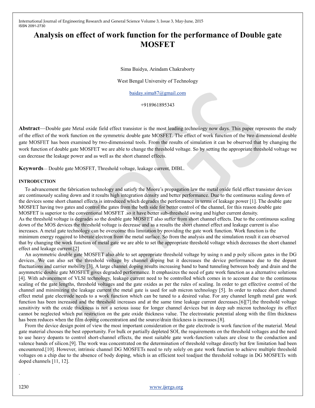 Analysis on Effect of Work Function for the Performance of Double Gate MOSFET