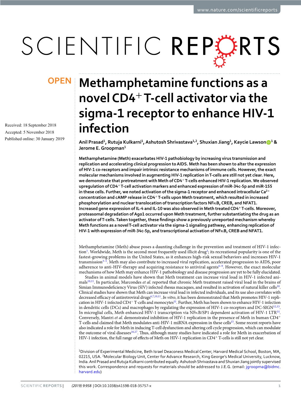 Methamphetamine Functions As a Novel CD4+ T-Cell Activator Via The