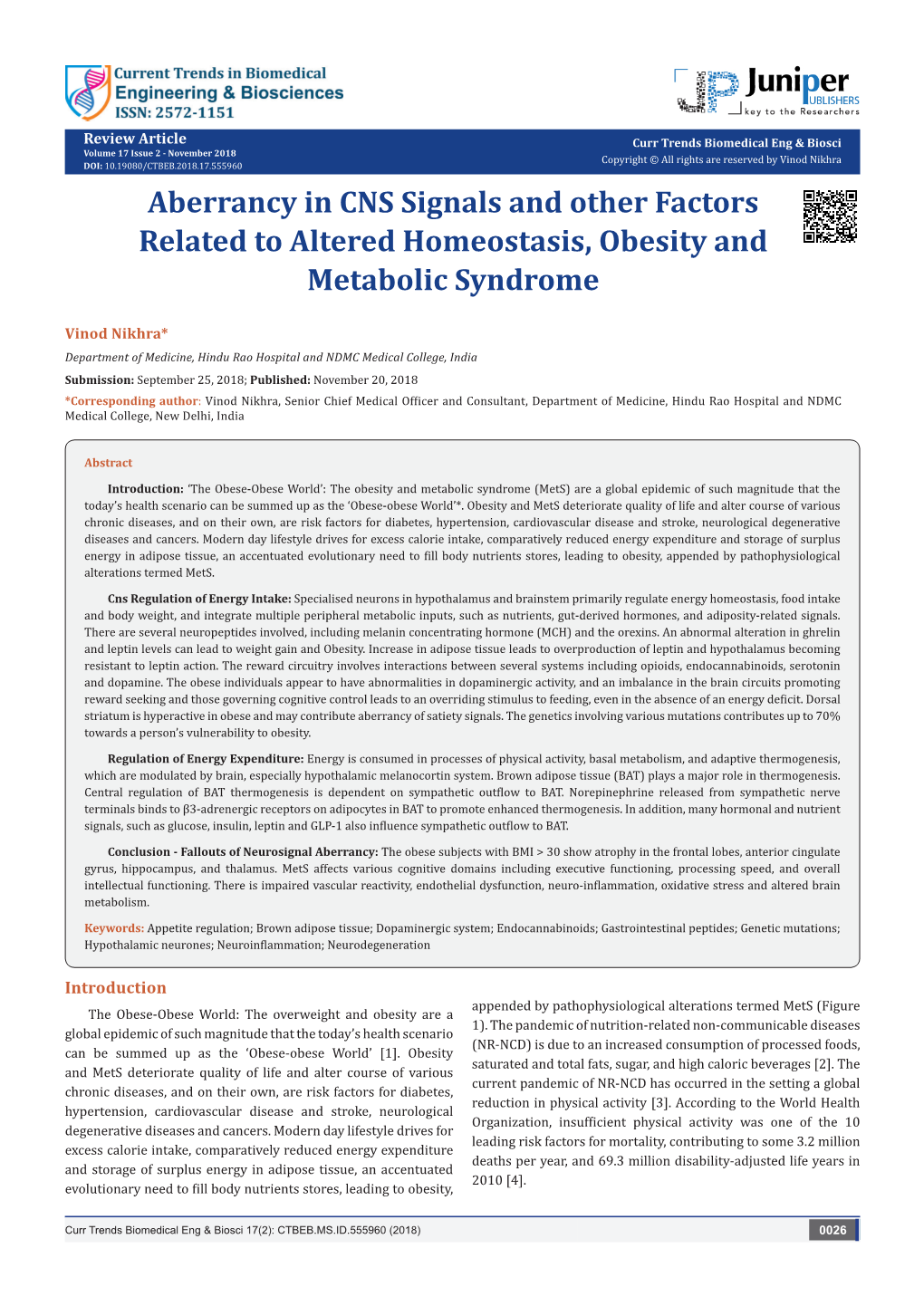 Aberrancy in CNS Signals and Other Factors Related to Altered Homeostasis, Obesity and Metabolic Syndrome