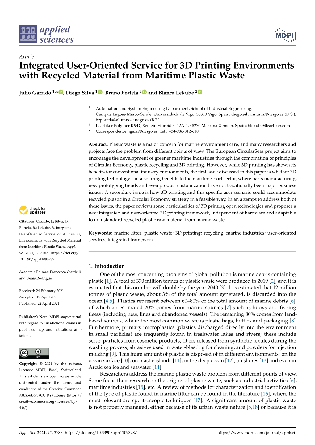 Integrated User-Oriented Service for 3D Printing Environments with Recycled Material from Maritime Plastic Waste