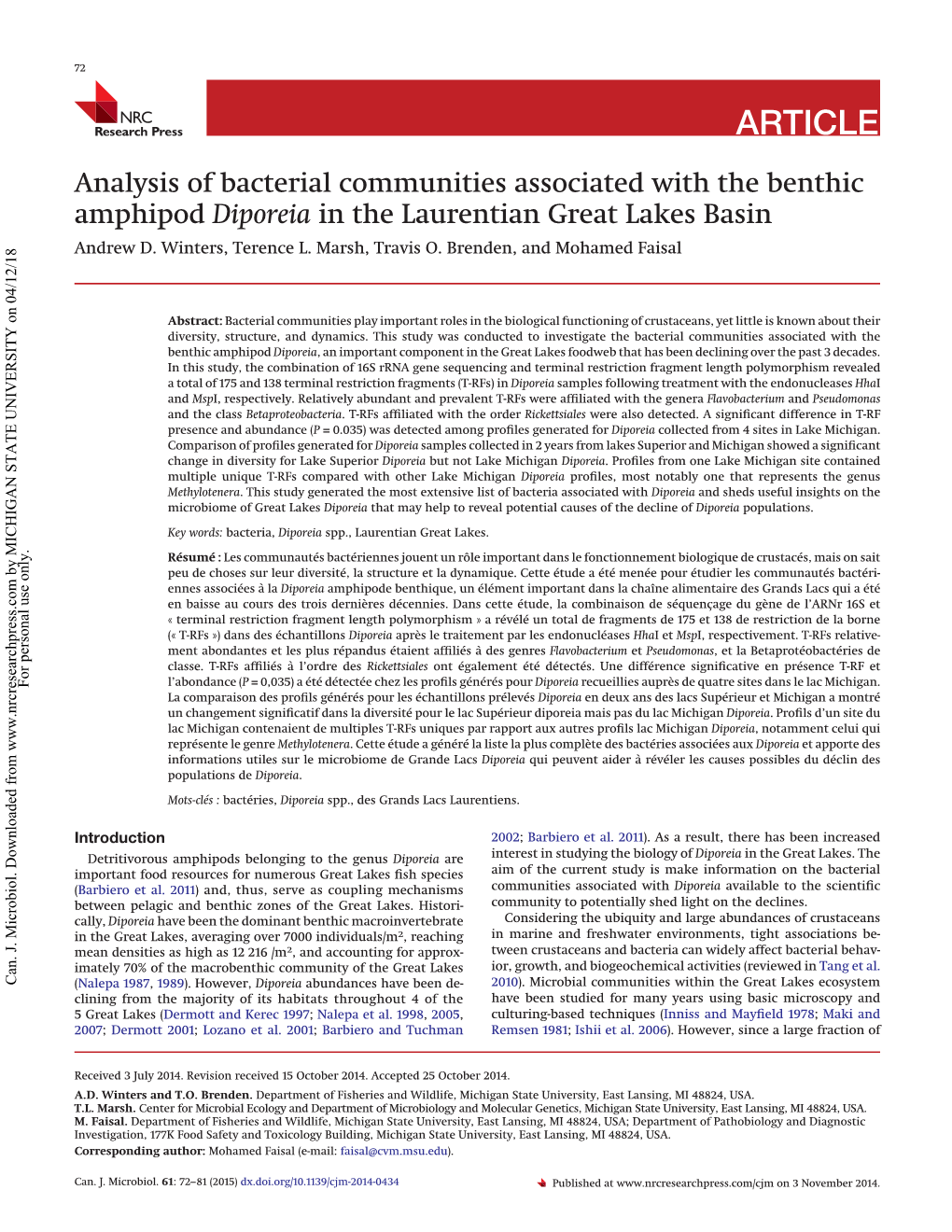 Analysis of Bacterial Communities Associated with the Benthic Amphipod Diporeia in the Laurentian Great Lakes Basin Andrew D