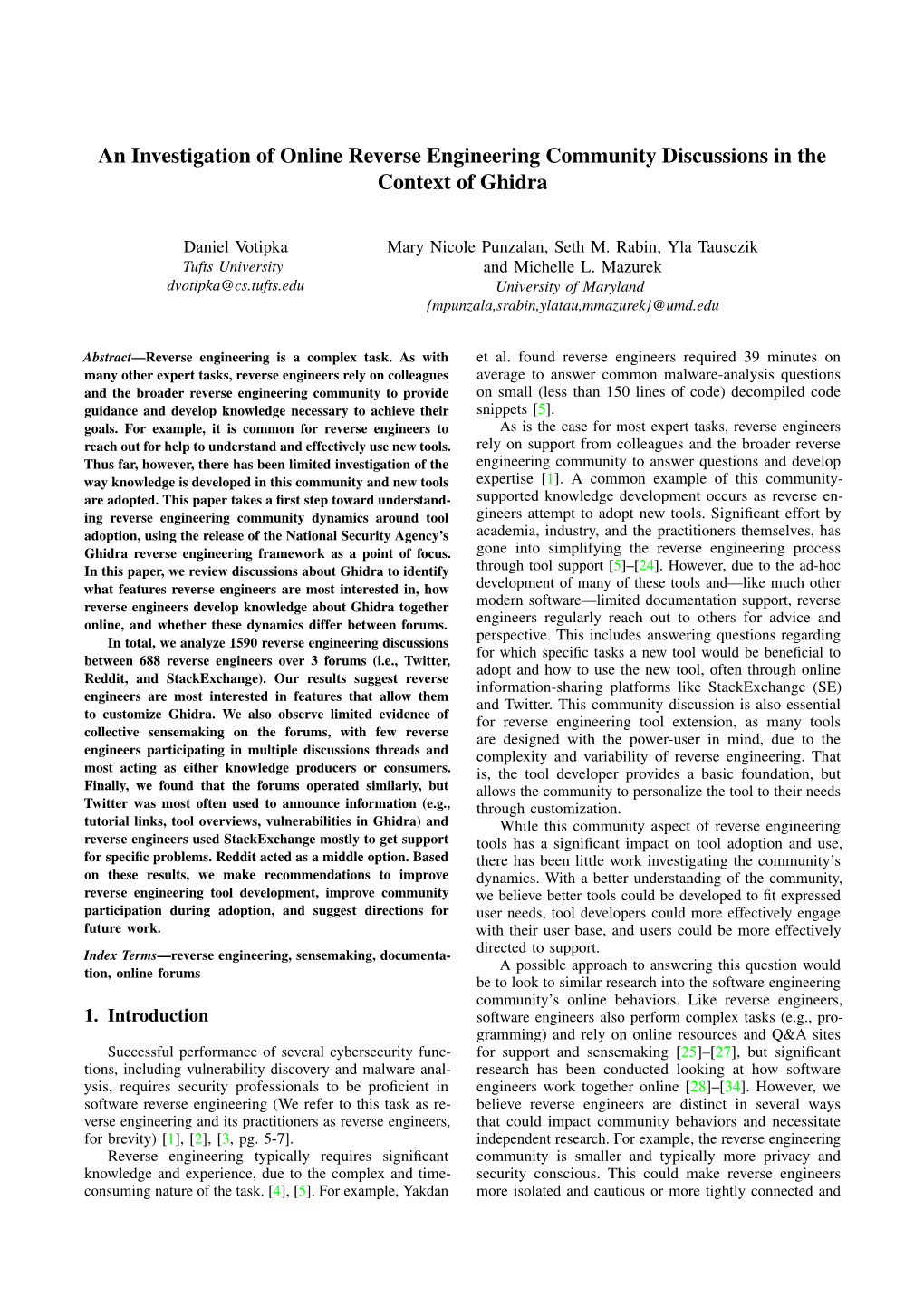 An Investigation of Online Reverse Engineering Community Discussions in the Context of Ghidra