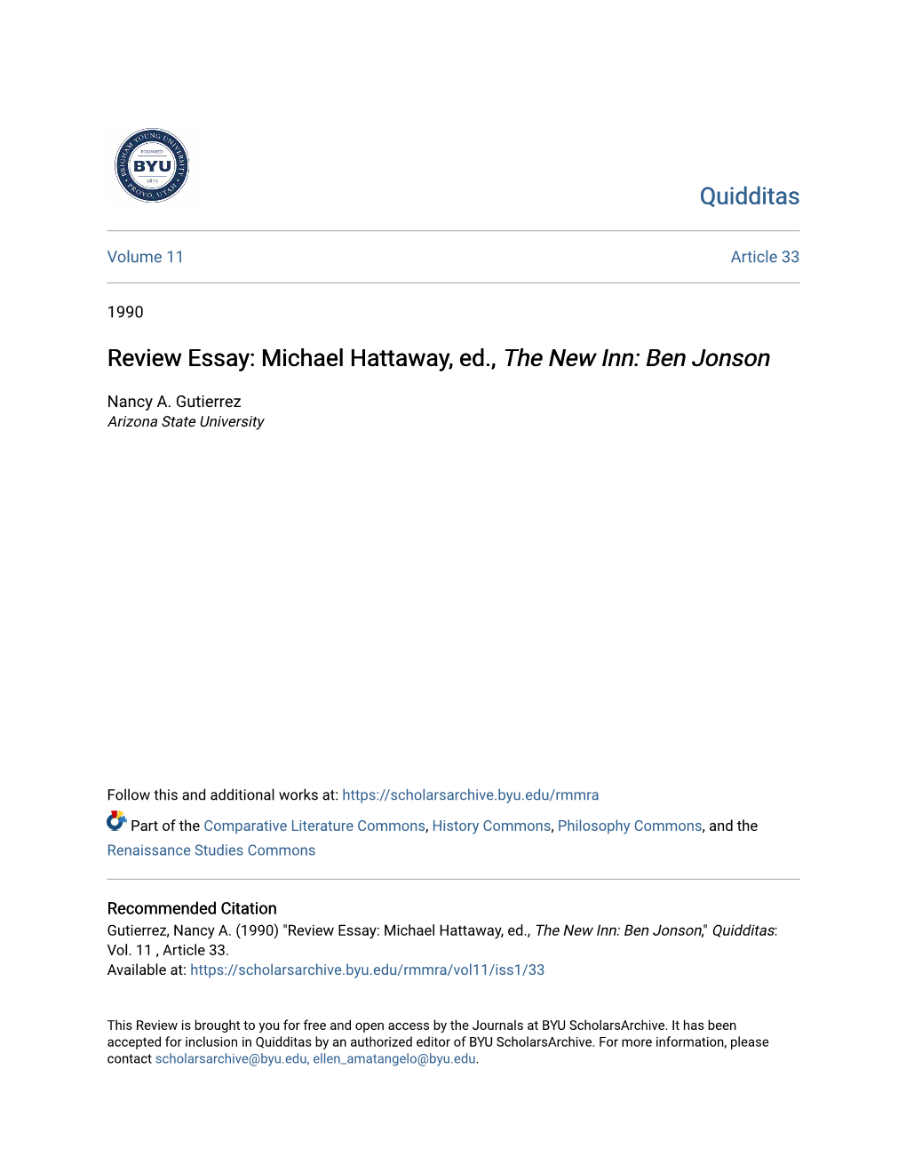 Review Essay: Michael Hattaway, Ed., the New Inn: Ben Jonson