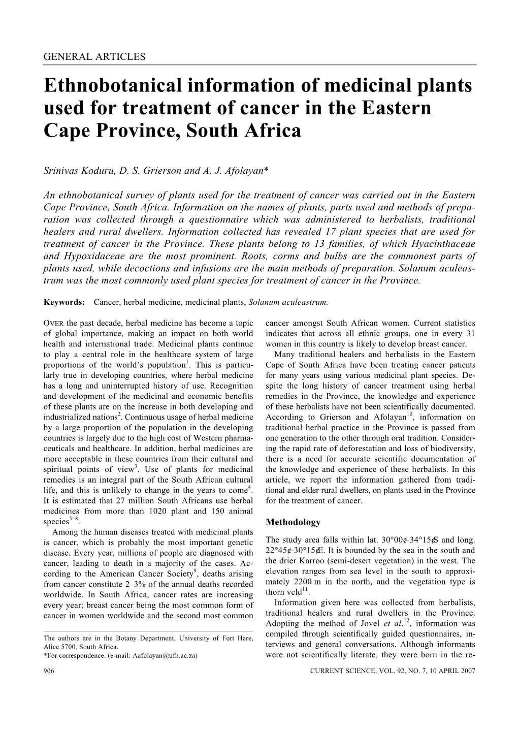 Ethnobotanical Information of Medicinal Plants Used for Treatment of Cancer in the Eastern Cape Province, South Africa