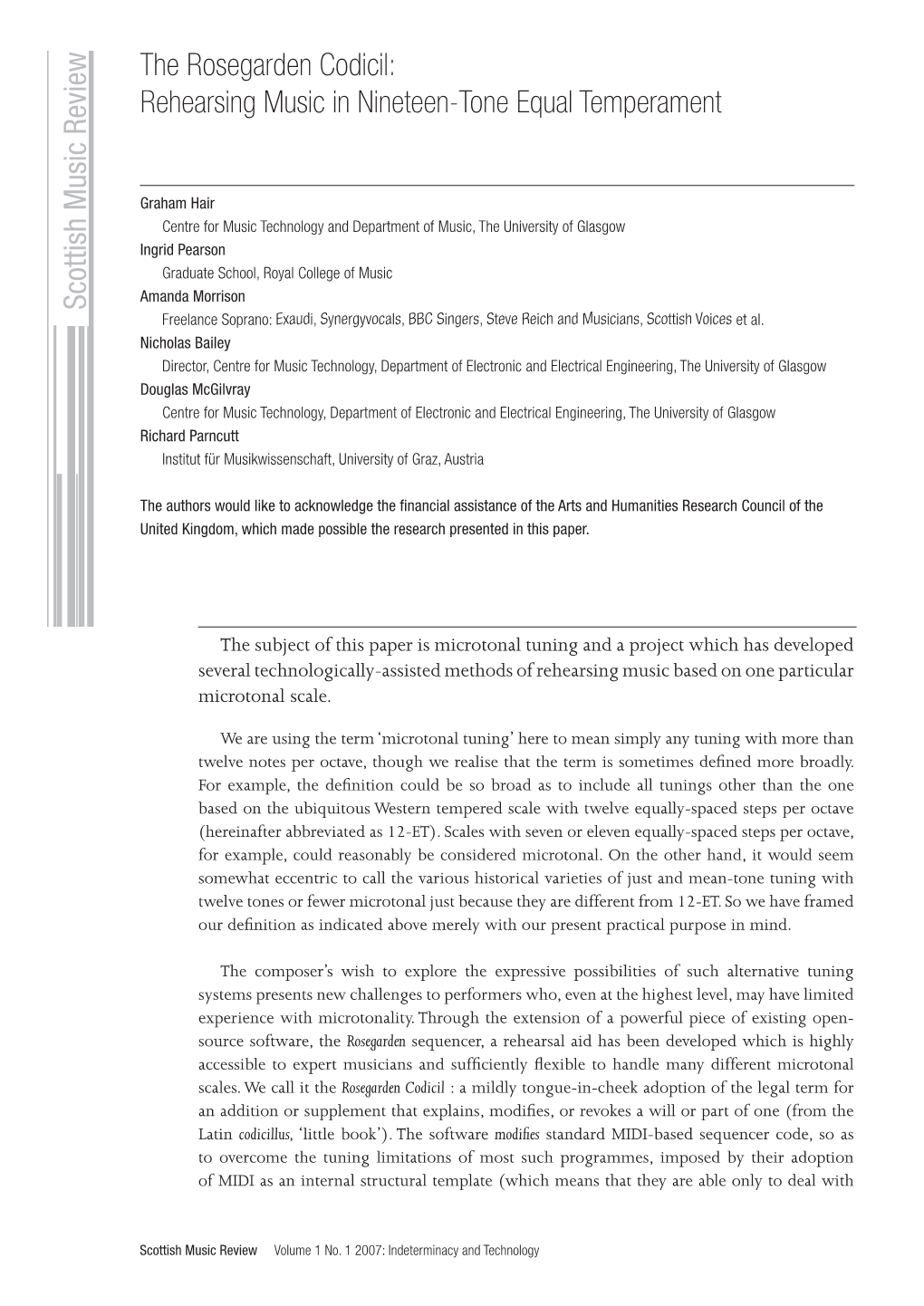 The Rosegarden Codicil: Rehearsing Music in Nineteen-Tone Equal Temperament Scottish Music Review