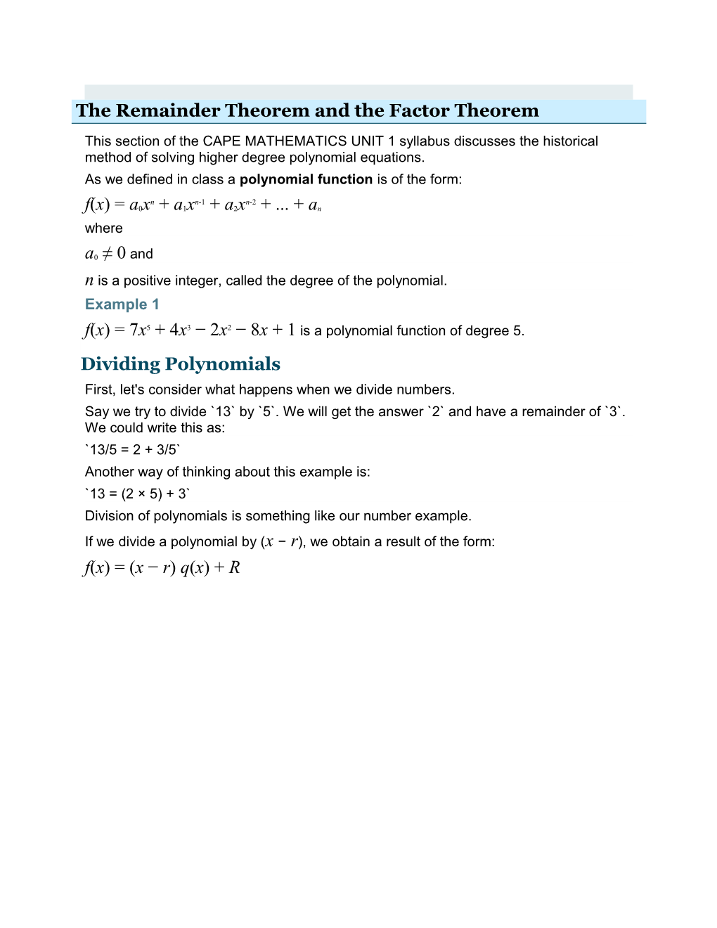 2. Remainder and Factor Theorems