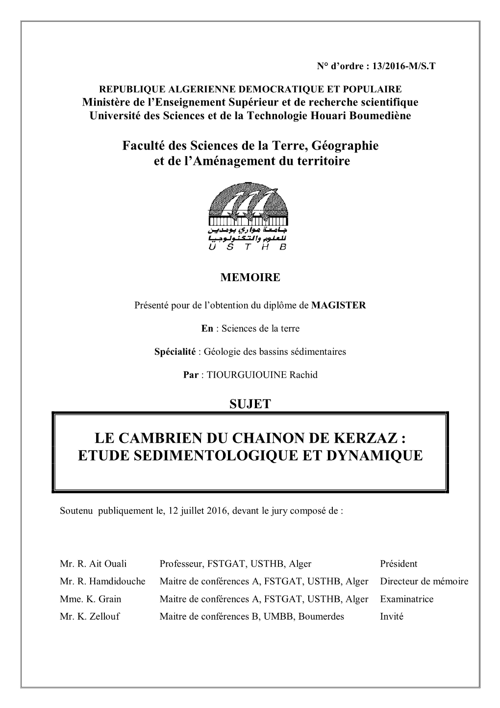 Le Cambrien Du Chainon De Kerzaz : Etude Sedimentologique Et Dynamique