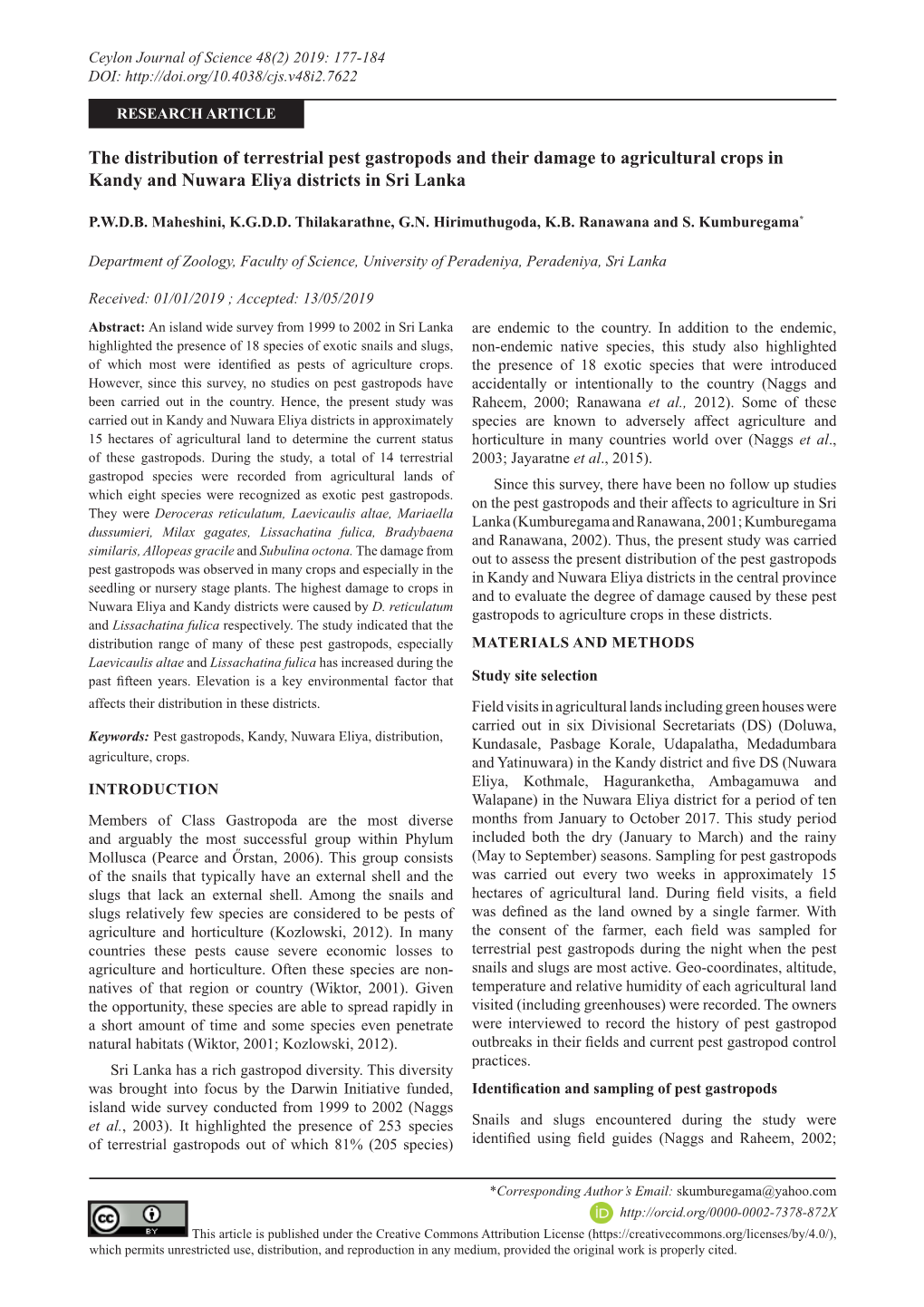 The Distribution of Terrestrial Pest Gastropods and Their Damage to Agricultural Crops in Kandy and Nuwara Eliya Districts in Sri Lanka