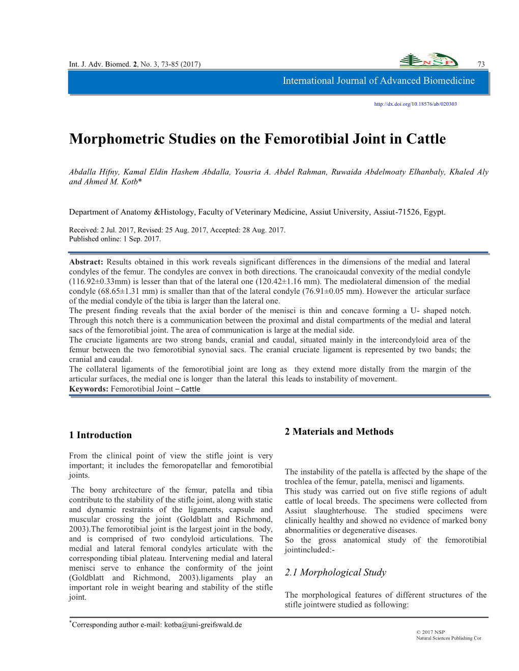Morphometric Studies on the Femorotibial Joint in Cattle