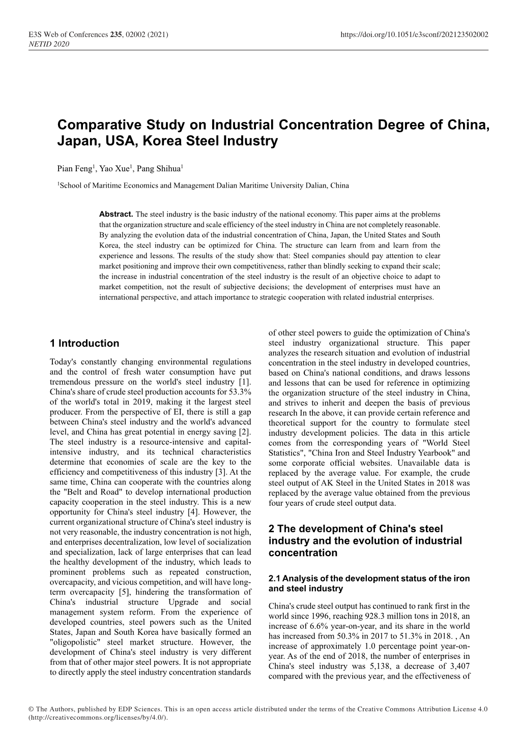 Comparative Study on Industrial Concentration Degree of China, Japan, USA, Korea Steel Industry
