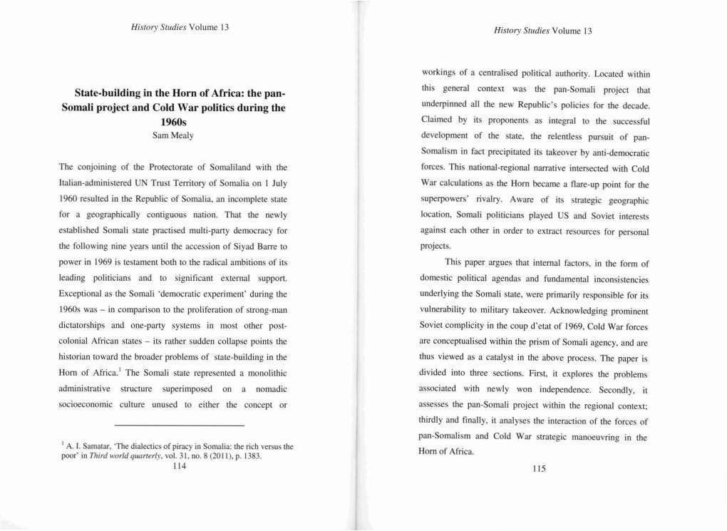 State-Building in the Horn of Africa: the Pan- Somali Project and Cold War Politics During the 1960S