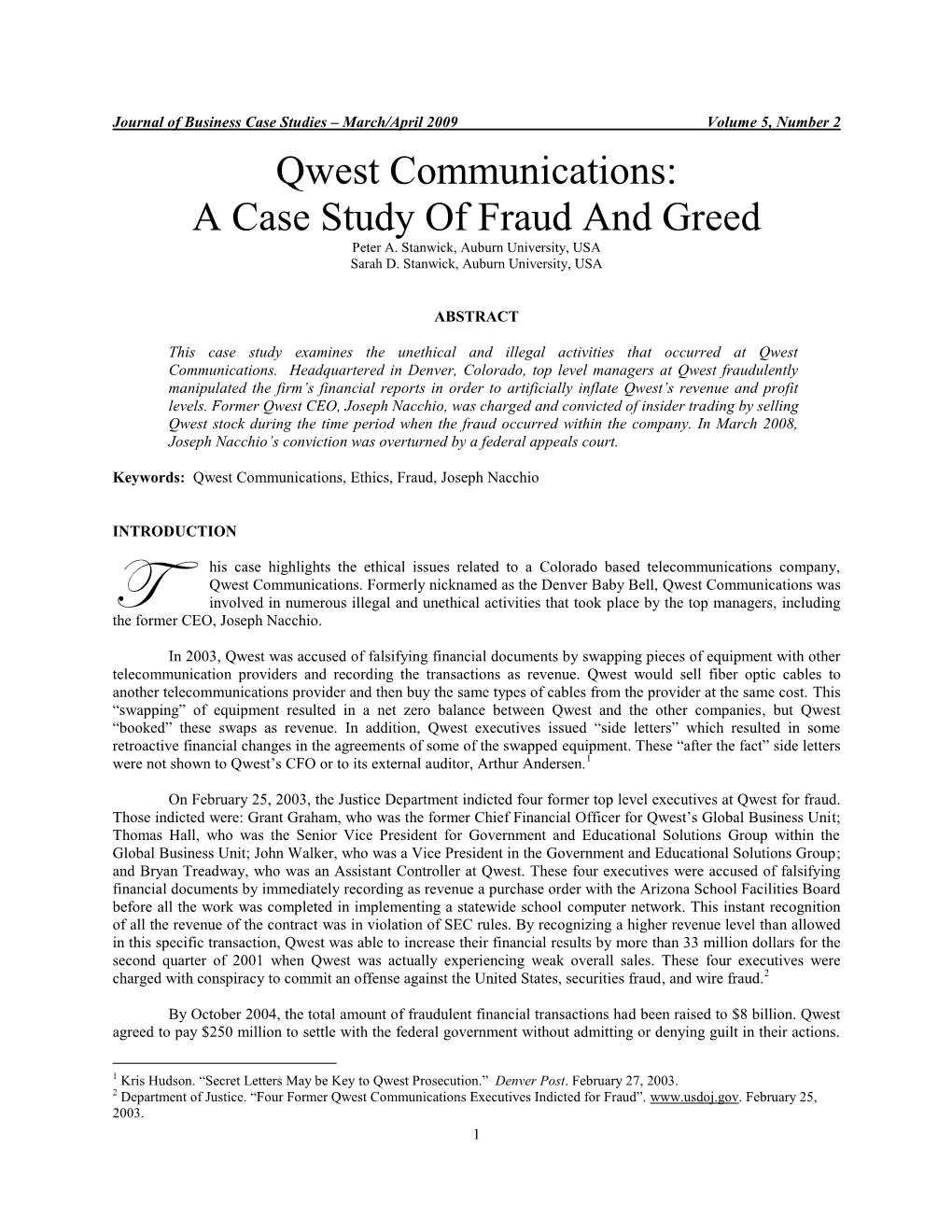 Qwest Communications: a Case Study of Fraud and Greed Peter A