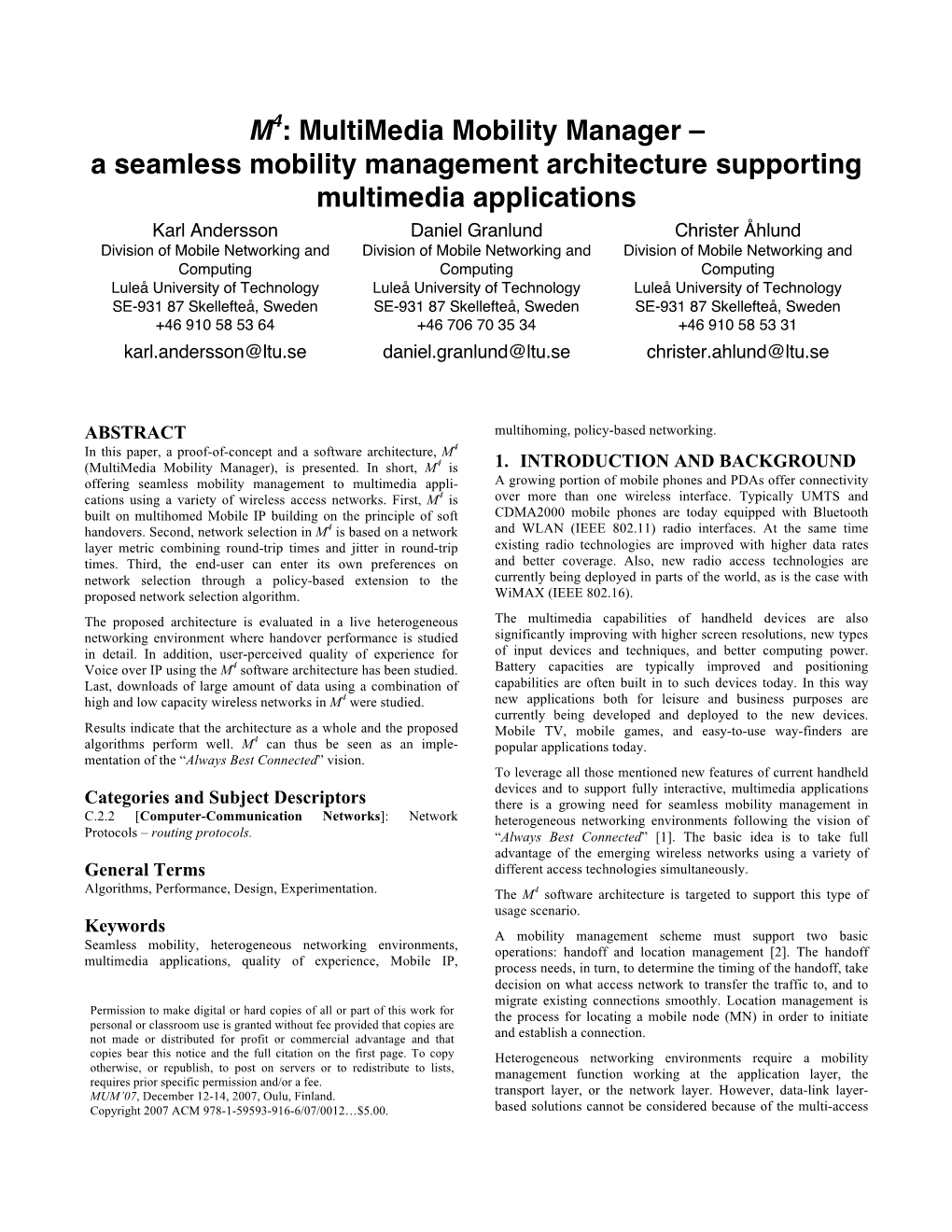 A Seamless Mobility Management Architecture Supporting