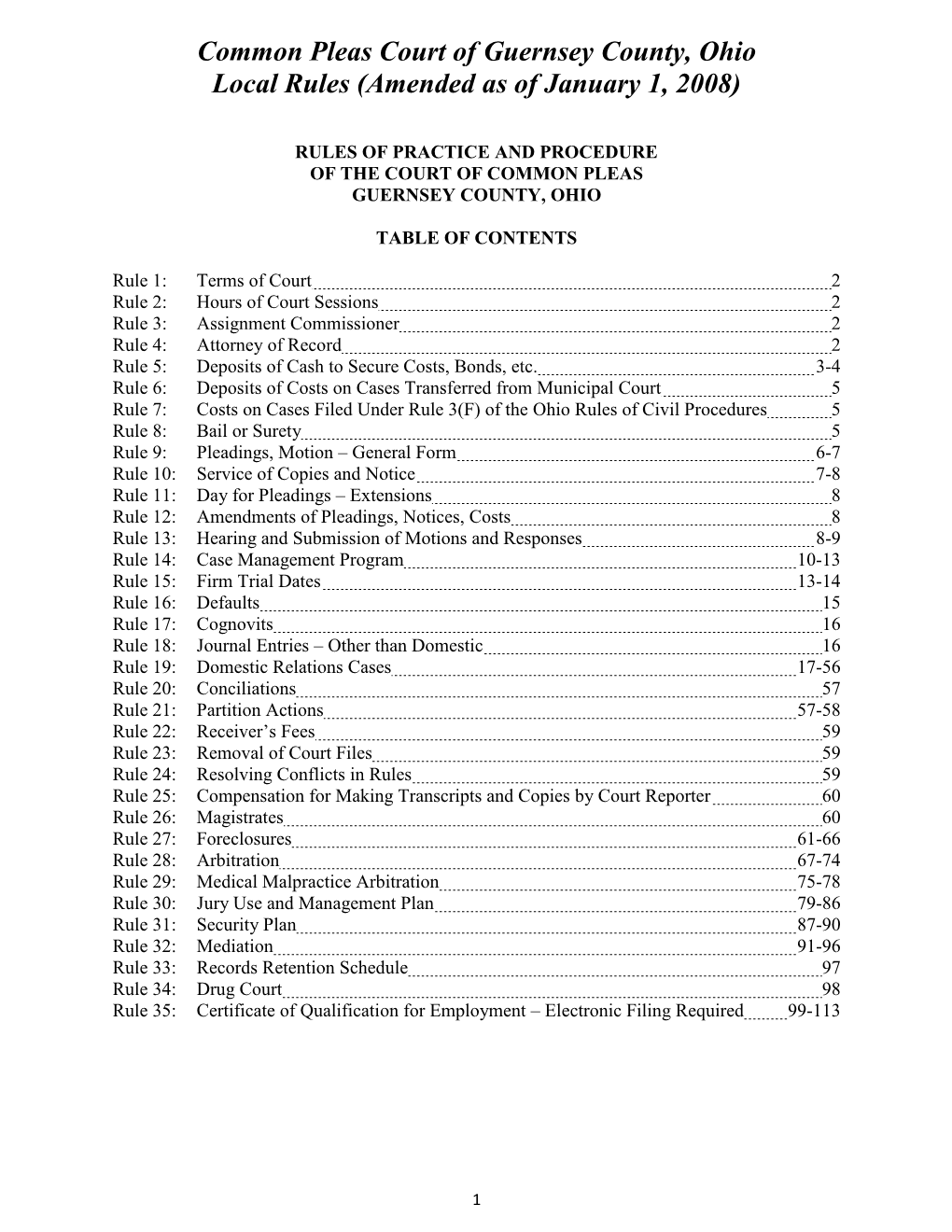 Common Pleas Court of Guernsey County, Ohio Local Rules (Amended As of January 1, 2008)