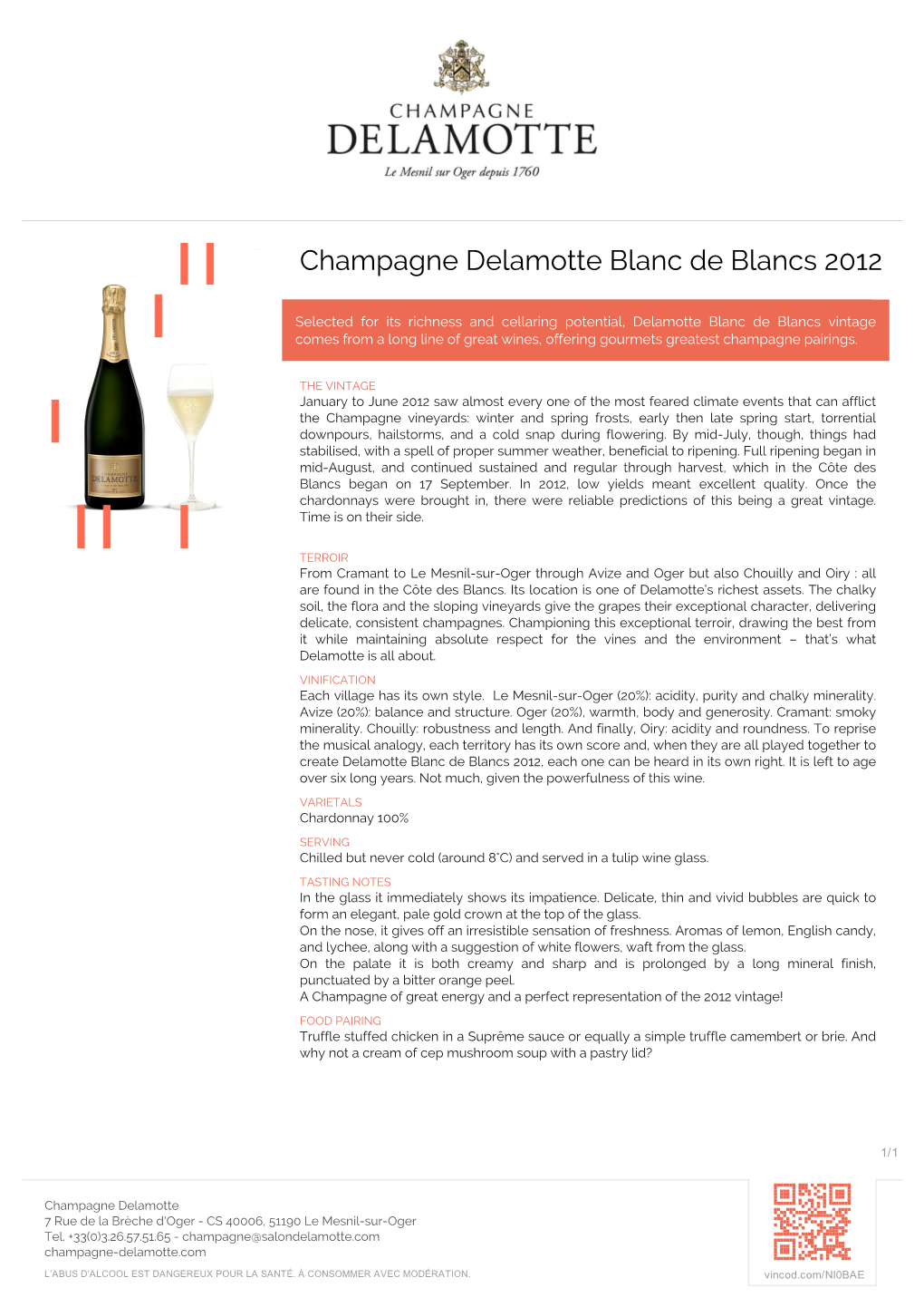 Champagne Delamotte Blanc De Blancs 2012 | NI0BAE | Vin.Co