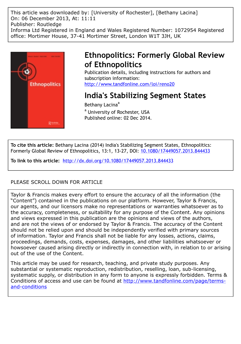 Formerly Global Review of Ethnopolitics India's Stabilizing