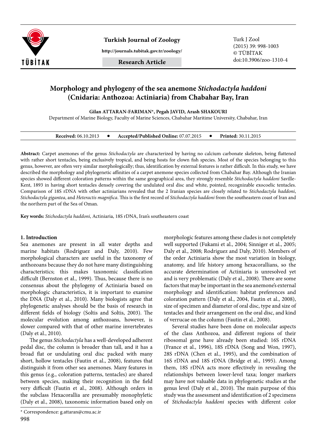 Morphology and Phylogeny of the Sea Anemone Stichodactyla Haddoni (Cnidaria: Anthozoa: Actiniaria) from Chabahar Bay, Iran