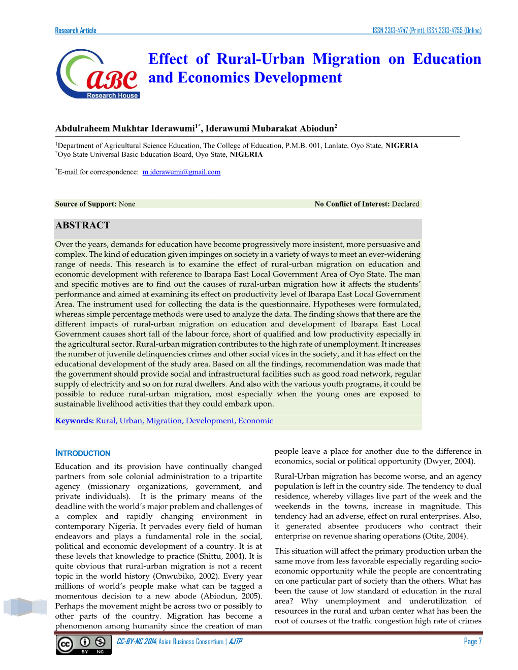 Effect of Rural-Urban Migration on Education and Economics Development