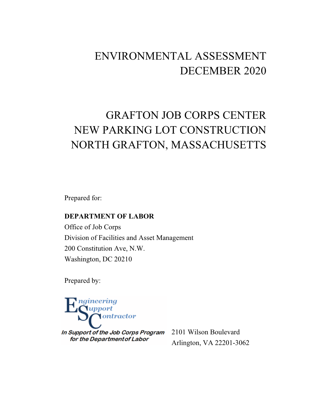Environmental Assessment December 2020 Grafton Job Corps Center New Parking Lot Construction North Grafton, Massachusetts