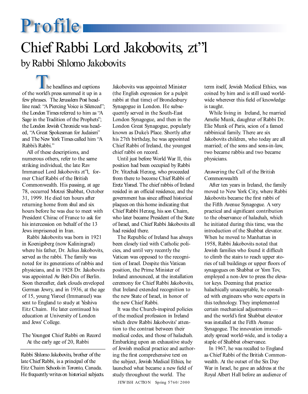Profile Chief Rabbi Lord Jakobovits, Zt”L by Rabbi Shlomo Jakobovits